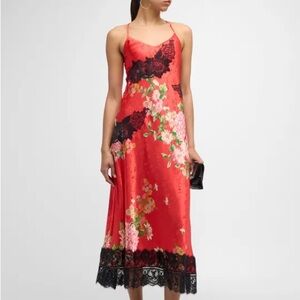 Le Superbe Floral Red Slip Dress with Black Lace - Sz. 10 NWT - Sold Out